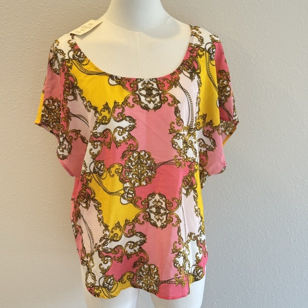 Victorias Secret Pink Gold Baroque Chain Link Print 100% Silk Top Blouse Sz S